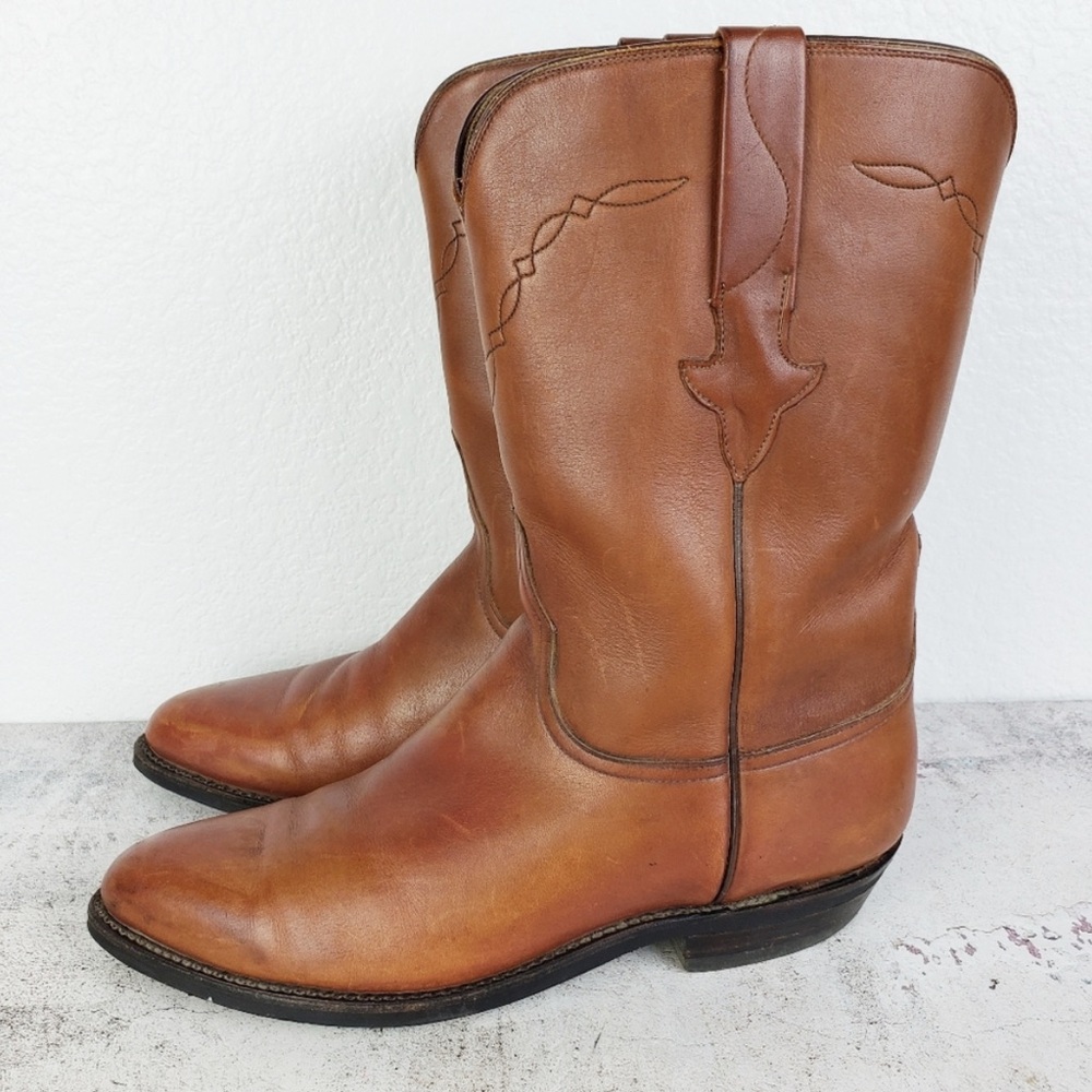 Vintage Lucchese Western Boots 80s 90s Leather Brown Embroidered Men's size 8D